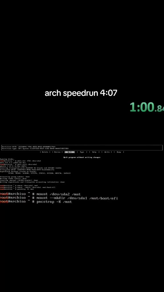 Arch Linux installation speedrun 4:07 LAAARP